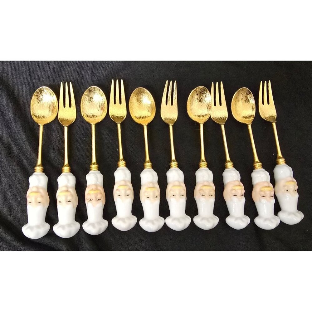 10 Gold Plated Fork & Spoons Chef Hat Porcelain Handles